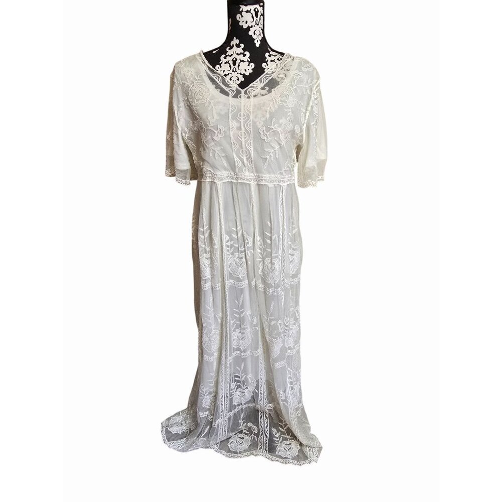 Boho Vintage-Inspired White Lace Maxi Dress M Romantic Flowy